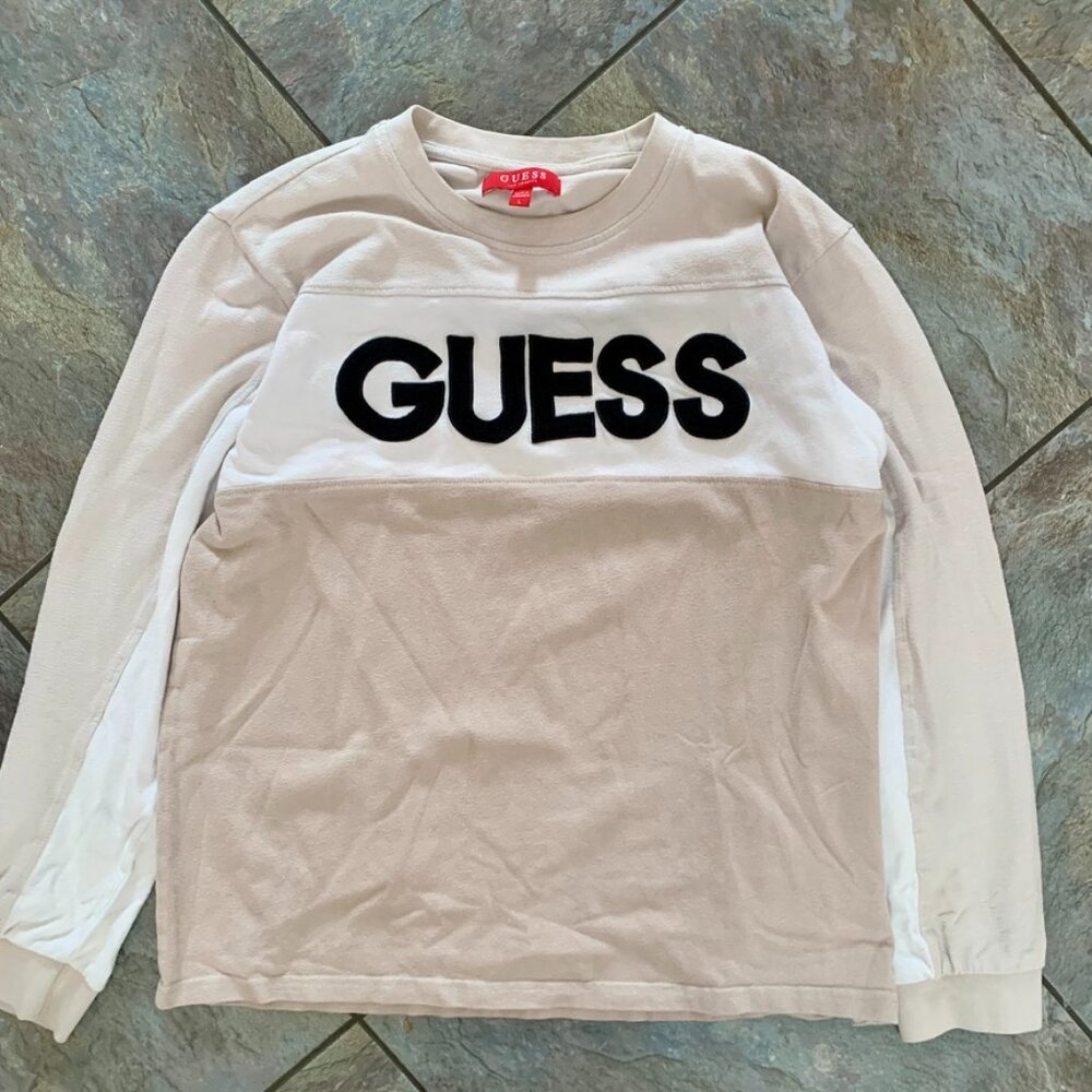 GUESS Sweater Men's Large Pullover Round neck Beige Cream Los Angeles Crew neck